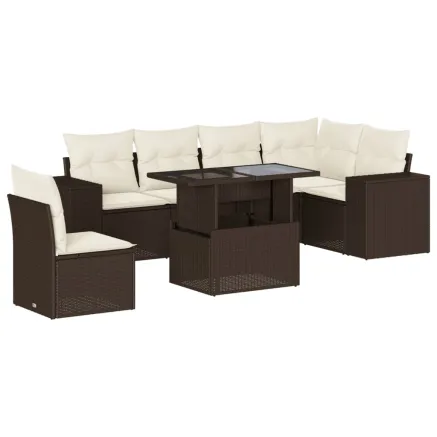 Salon de jardin avec coussins 7 pcs marron résine tressée 2