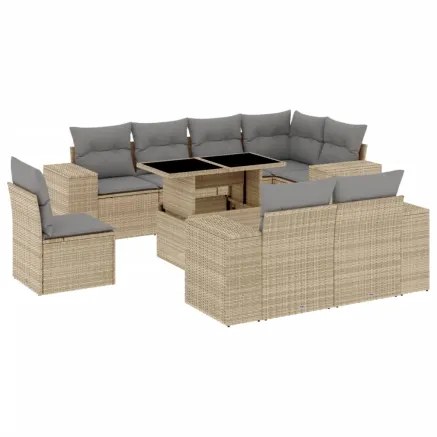 Salon de jardin avec coussins 9 pcs beige résine tressée 2