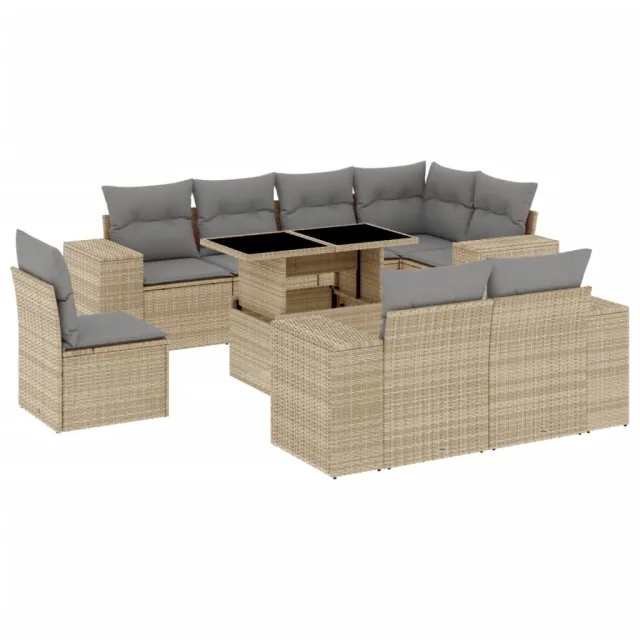 Salon de jardin avec coussins 9 pcs beige résine tressée