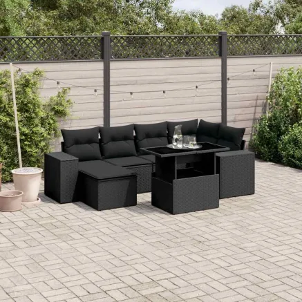 Salon de jardin 7 pcs avec coussins noir résine tressée