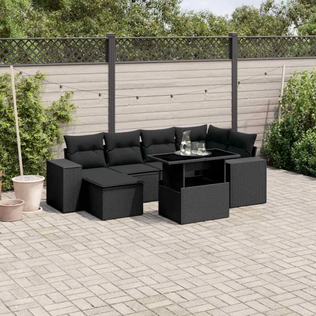 Salon de jardin 7 pcs avec coussins noir résine tressée