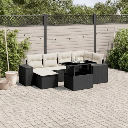 Salon de jardin 7 pcs avec coussins noir résine tressée