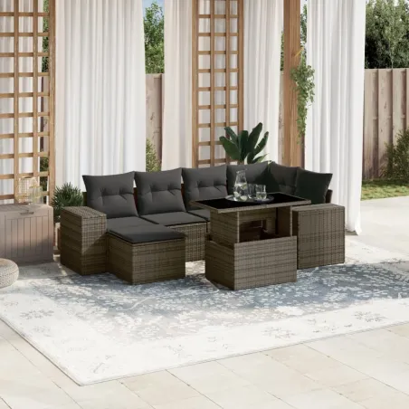 Salon de jardin avec coussins 7 pcs gris résine tressée