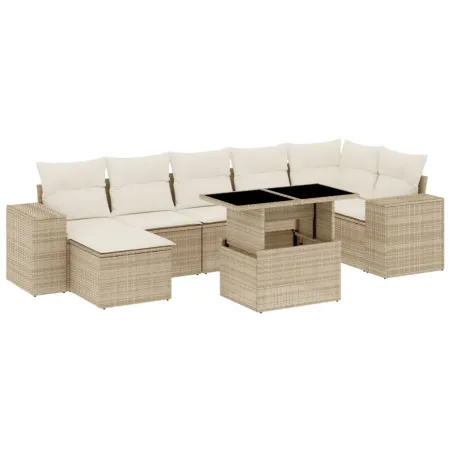Salon de jardin avec coussins 8 pcs beige résine tressée