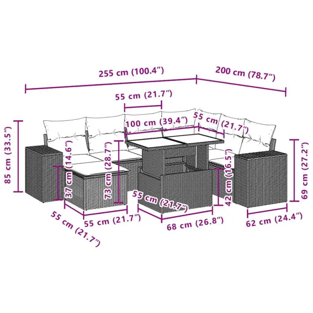 Salon de jardin 8 pcs avec coussins noir résine tressée