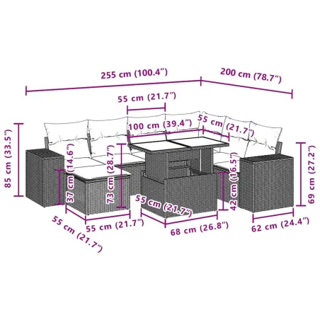 Salon de jardin 8 pcs avec coussins noir résine tressée