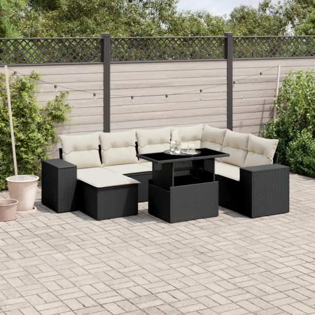 Salon de jardin 8 pcs avec coussins noir résine tressée