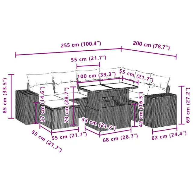 Salon de jardin 8 pcs avec coussins marron résine tressée