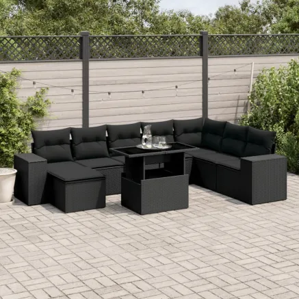 Salon de jardin 9 pcs avec coussins noir résine tressée