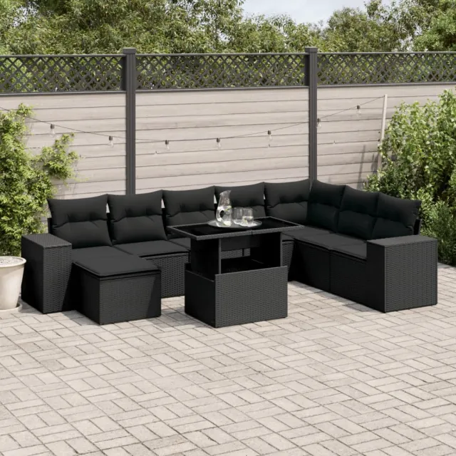 Salon de jardin 9 pcs avec coussins noir résine tressée