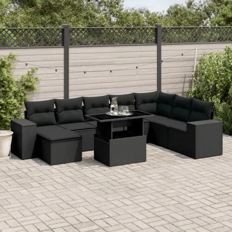 Salon de jardin 9 pcs avec coussins noir résine tressée