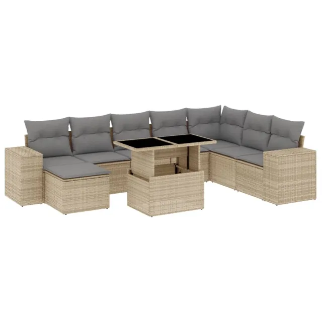 Salon de jardin avec coussins 9 pcs beige résine tressée