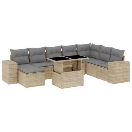Salon de jardin avec coussins 9 pcs beige résine tressée