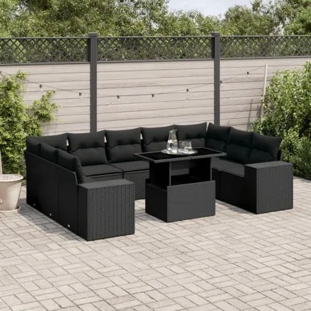 Salon de jardin 10 pcs avec coussins noir résine tressée
