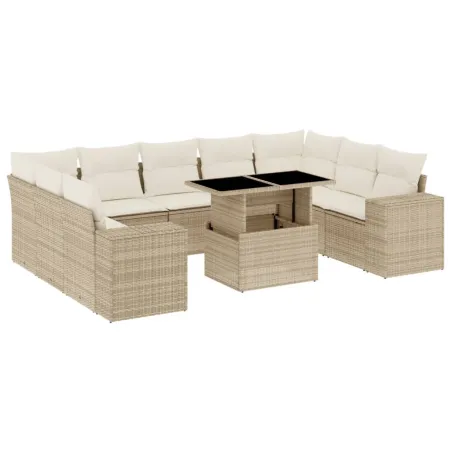 Salon de jardin avec coussins 10 pcs beige résine tressée