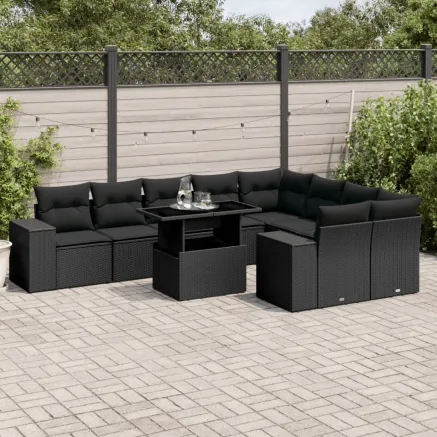 Salon de jardin 10 pcs avec coussins noir résine tressée