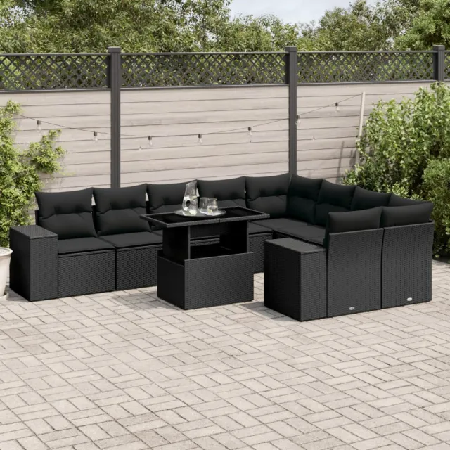 Salon de jardin 10 pcs avec coussins noir résine tressée