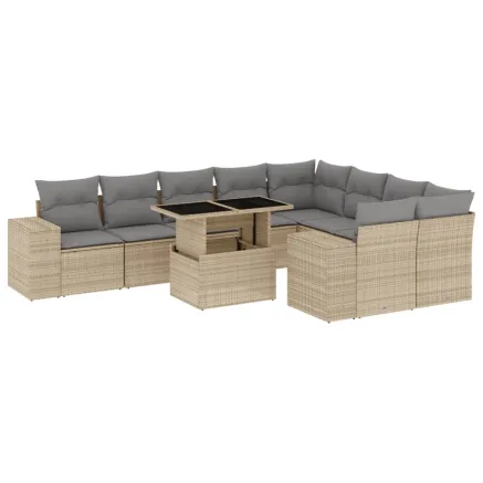 Salon de jardin avec coussins 10 pcs beige résine tressée 2