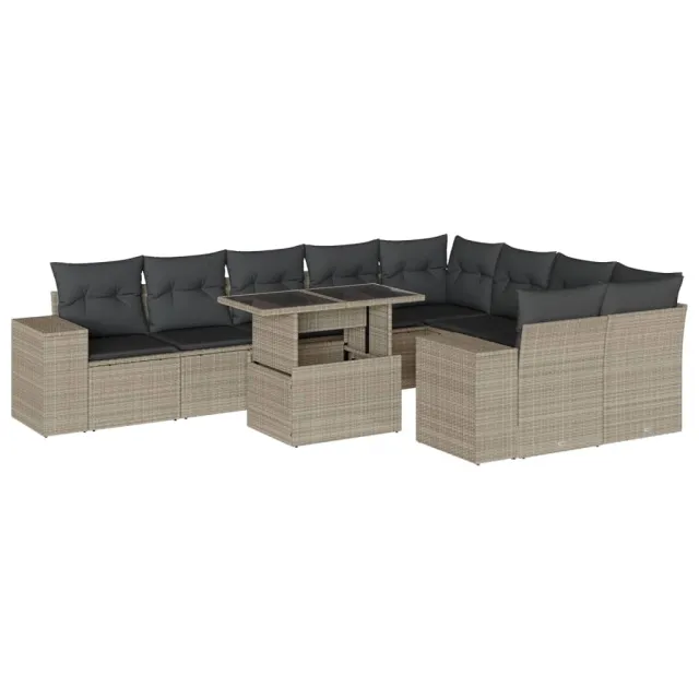 Salon de jardin avec coussins 10 pcs gris clair résine tressée
