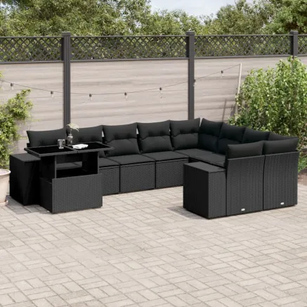 Salon de jardin 10 pcs avec coussins noir résine tressée