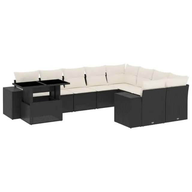 Salon de jardin 10 pcs avec coussins noir résine tressée