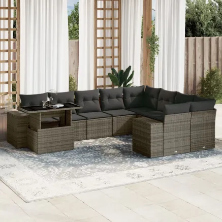 Salon de jardin avec coussins 10 pcs gris résine tressée