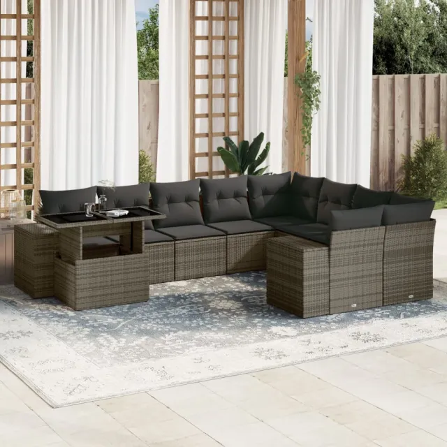 Salon de jardin avec coussins 10 pcs gris résine tressée