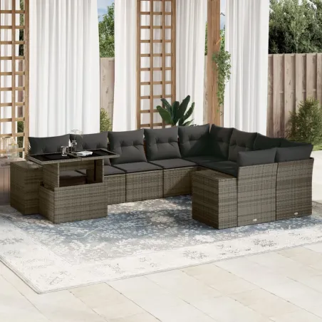 Salon de jardin avec coussins 10 pcs gris résine tressée