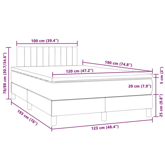 Sommier à lattes de lit avec matelas LED gris foncé 120x190 cm