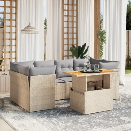Salon de jardin avec coussins 7 pcs beige résine tressée