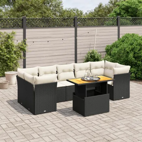 Salon de jardin 8 pcs avec coussins noir résine tressée