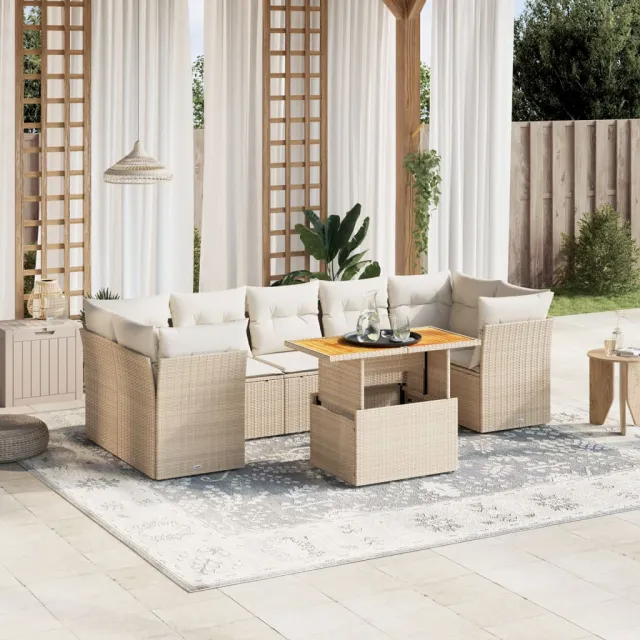 Salon de jardin avec coussins 8 pcs beige résine tressée
