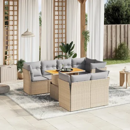 Salon de jardin avec coussins 8 pcs beige résine tressée