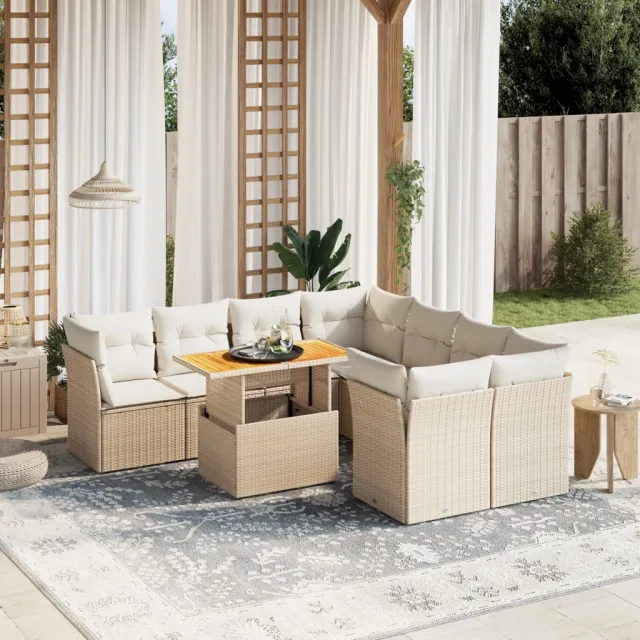 Salon de jardin avec coussins 9 pcs beige résine tressée
