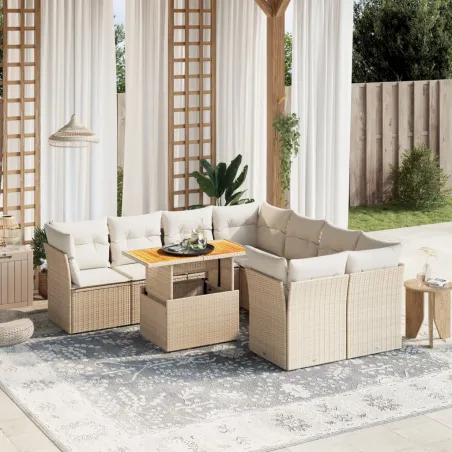 Salon de jardin avec coussins 9 pcs beige résine tressée