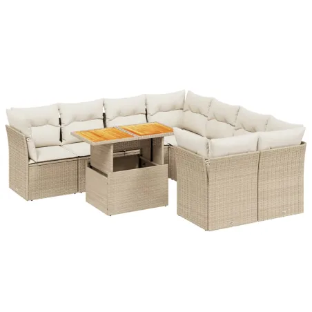 Salon de jardin avec coussins 9 pcs beige résine tressée