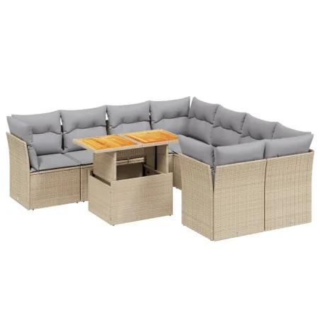 Salon de jardin avec coussins 9 pcs beige résine tressée