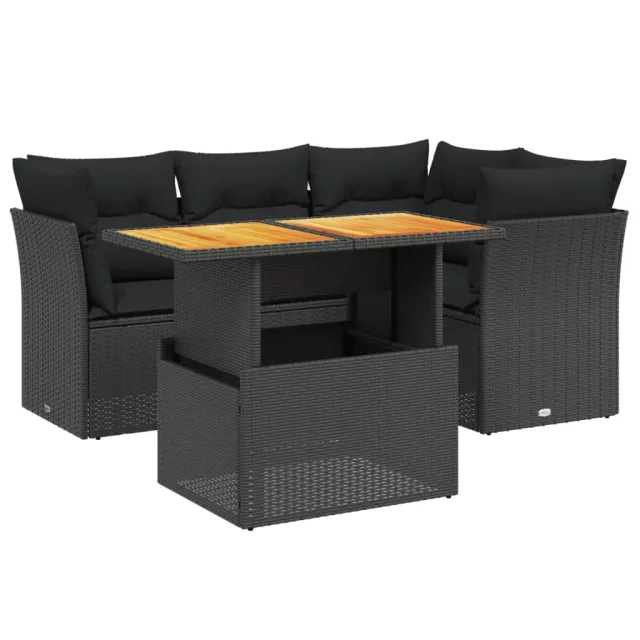 Salon de jardin 5 pcs avec coussins noir résine tressée