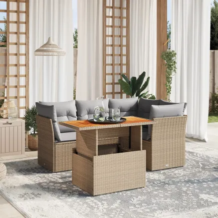 Salon de jardin avec coussins 5 pcs beige résine tressée