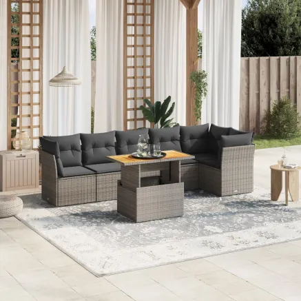 Salon de jardin avec coussins 7 pcs gris résine tressée
