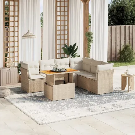 Salon de jardin avec coussins 7 pcs beige résine tressée