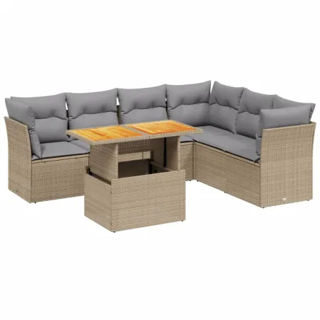 Salon de jardin avec coussins 7 pcs beige résine tressée