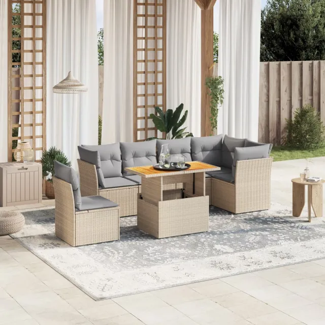 Salon de jardin avec coussins 7 pcs beige résine tressée