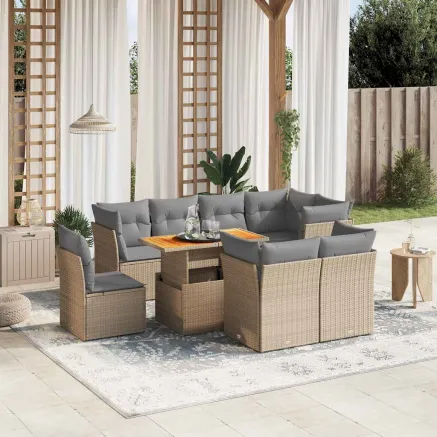 Salon de jardin avec coussins 9 pcs beige résine tressée