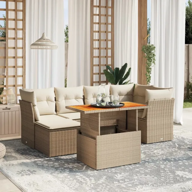 Salon de jardin avec coussins 7 pcs beige résine tressée