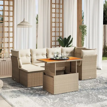 Salon de jardin avec coussins 7 pcs beige résine tressée