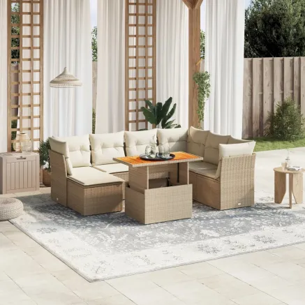 Salon de jardin avec coussins 8 pcs beige résine tressée