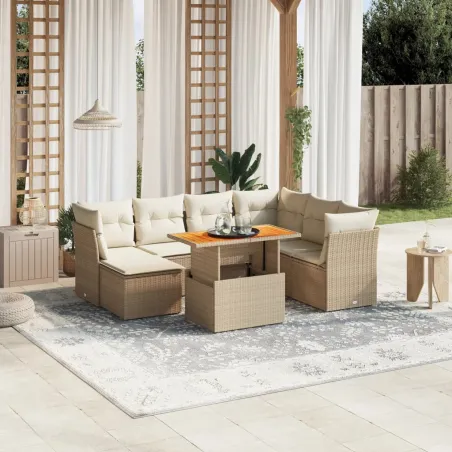 Salon de jardin avec coussins 8 pcs beige résine tressée