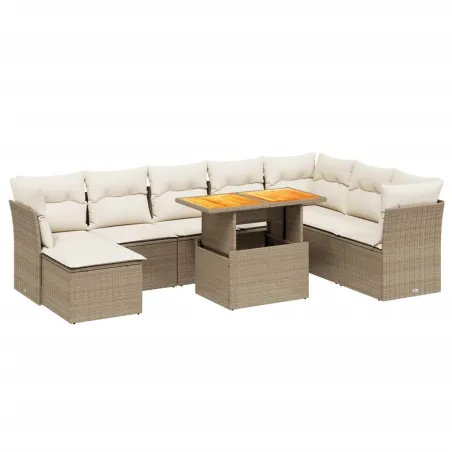 Salon de jardin avec coussins 9 pcs beige résine tressée