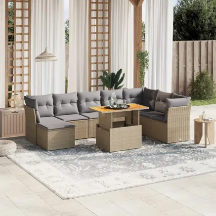 Salon de jardin avec coussins 9 pcs beige résine tressée